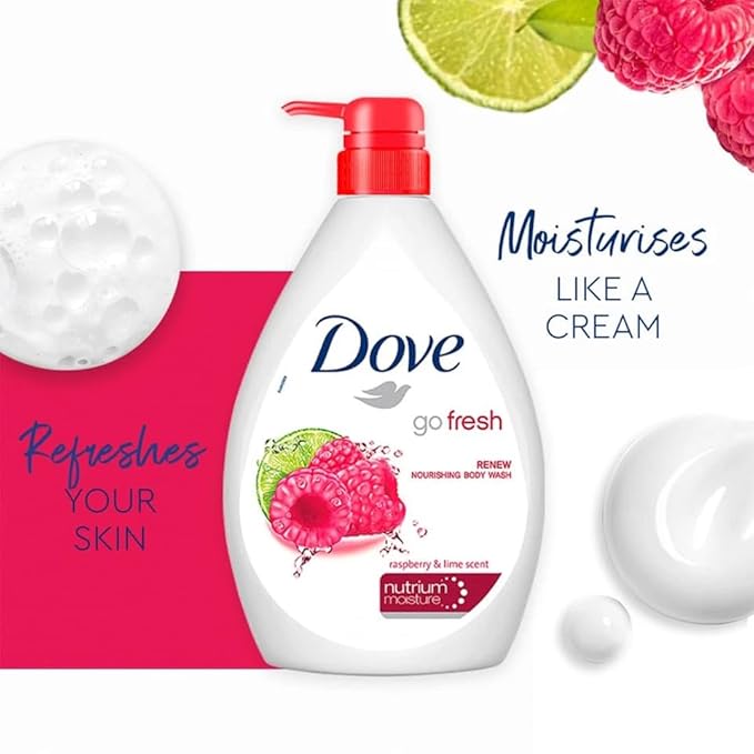 Dove Body Wash Nourishing Go Fresh Raspberry &amp Lime Scent 1000ml | Refreshing Shower Gel for Soft Smooth &amp Hydrated Skin | Fruity Scent Moisturizing Body Cleanser for Daily Skincare Routine |