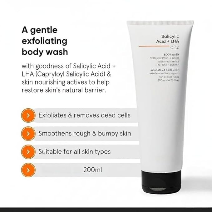 SS 2% Salicylic Acid + LHA Body Wash | For Body Acne Un-even Rough &amp Bumpy Skin | Sulphate (SLS) Dye &amp Fragrance Free | Shower Gel For Women &amp Men | 200 ml