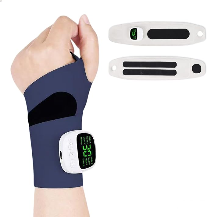 Rechargeable Adjustable Electric Wrist Massager Cordless Wrist Heating Pad Massager Muscle Stimulator with 8 Modes 30 Intensity Wrists Tendon Heating Pad for Hand Relaxing (A3)