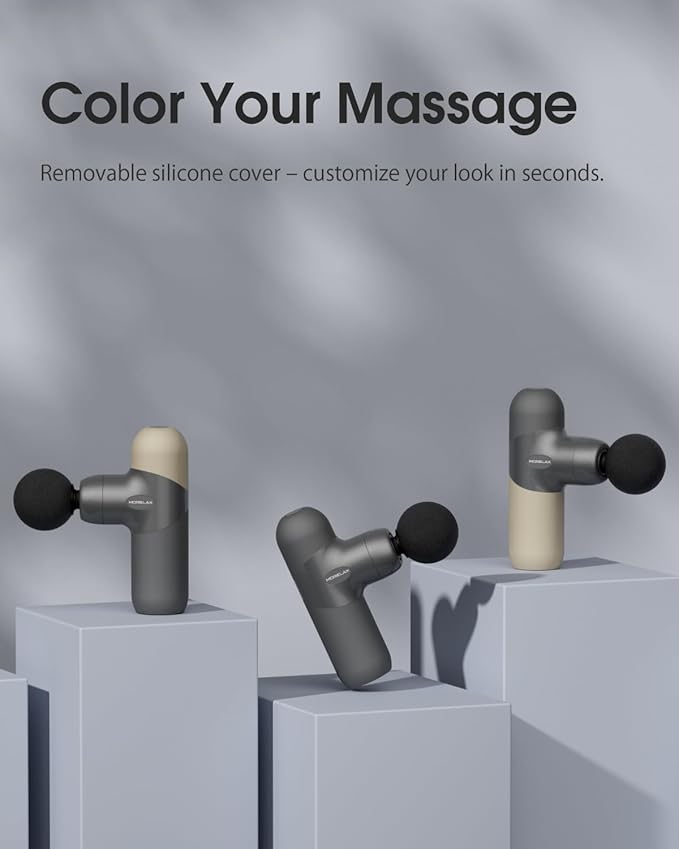 Morelax Mini Massage Gun Deep Tissue Portable Percussion Muscle Massager for Whole Body Pain Relief Electric Handheld Sport Massager with 6 Massage Heads 4 Speed Best Gift (Silver Beige)
