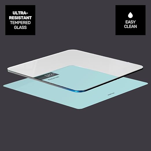 Taurus Inception Digital Bathroom Scale Slim Design 28 x 28 cm Tempered Glass Ultra Strong Glass kg/lb Easy to Read Display Max 180 kg/min 3 kg Non-Slip Feet Blue
