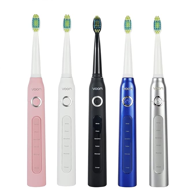 Voom Sonic Pro 5 Series Rechargeable Electronic Toothbrush Dentist Recommended Advanced Oral Care 2 Minute Timer with Quadrant Pacing 5 Adjustable Speeds Soft Dupont Nylon Bristles Silver
