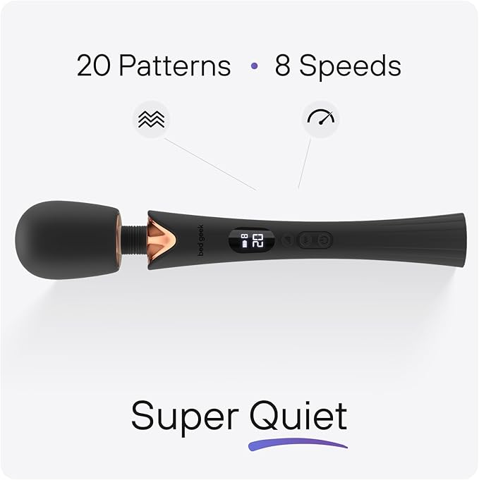 bed geek Cordless Wand Massager – Super Powerful Handheld Massage with 20 Speeds &amp 8 Patterns Soft Silicone Head Quiet Motor LED Display Body-Safe &amp Waterproof Black &amp Rose Gold