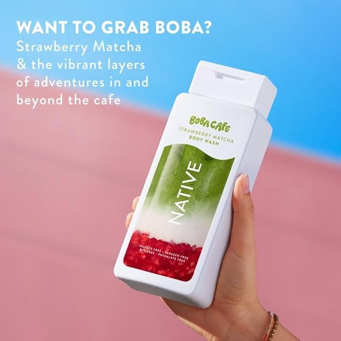 Native Body Wash Limited Edition Strawberry Matcha Sulfate Free Body Wash for Women &amp Men Boba Café 18 fl oz with Travolle Dispenser Pump