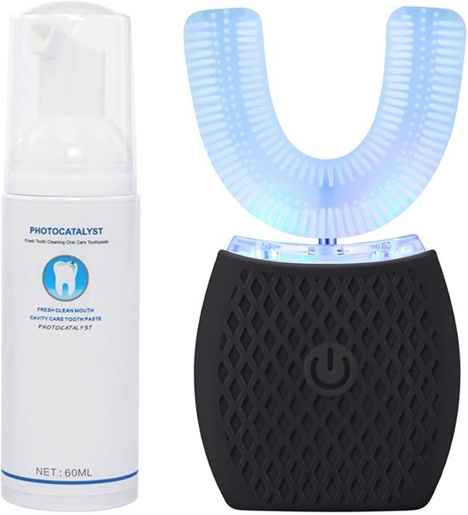 Ultrasonic U-Shaped Toothbrush for Adults 360 Electric Sonic Toothbrush with Automatic Timer and Wireless Charging - Black (One Size)