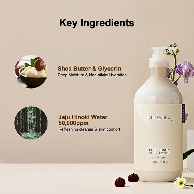 NINEMILA Pure Hinoki Body Care Set: 1000ml Vegan Body Wash (White Musk) &amp 1000ml Body Lotion (Blackberry) – Jeju Cypress Water (50000ppm) Hypoallergenic Spa Ritual for Sensitive Skin 2-Pack Bun