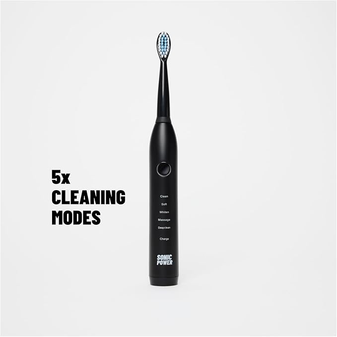 Electric Toothbrush Kit Ultra Portable &amp Lightweight with 5 Cleaning Modes 1 Year Supply of Brush Heads Rechargeable Battery Mirror Mount &amp Travel Cap Included (Black)