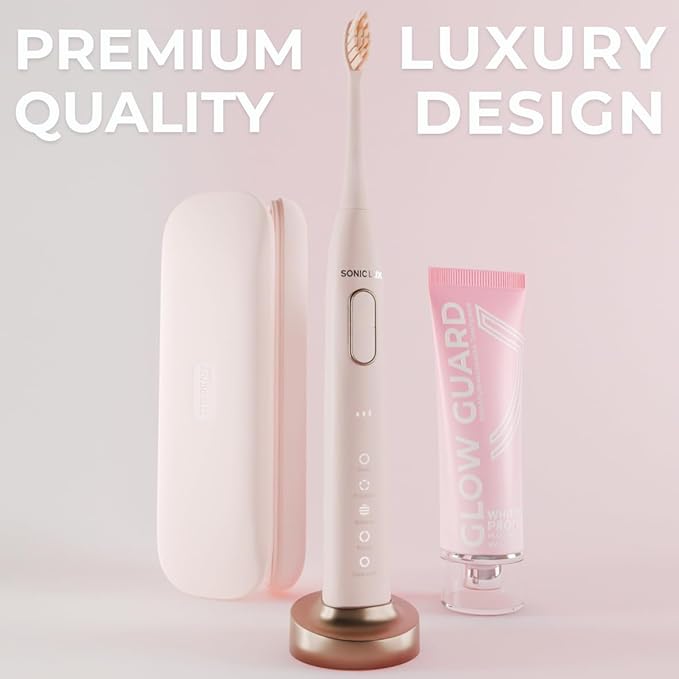 Sonic Lux™ Pink Electric Toothbrush for Adults – Luxury Rechargeable Sonic Electric Toothbrush with GlowGuard Nano-Hydroxyapatite Whitening Toothpaste &amp 6 Brush Heads