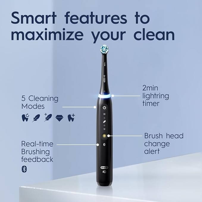 Oral-B iO Series 5 Ultimate White Rechargeable Electric Toothbrush with Visible Pressure Sensor 2 Minute Timer 5 Cleaning Settings 1 Replacement Toothbrush Heads and Travel Case White