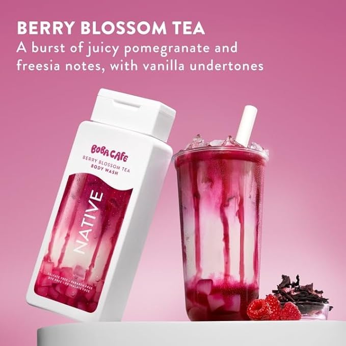 Native Body Wash Limited Edition Berry Blossom Tea Sulfate Free Body Wash for Women &amp Men Boba Café 18 fl oz with Travolle Dispenser Pump