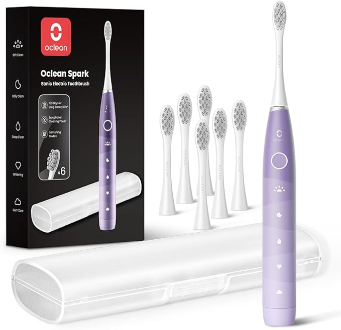 Oclean Electric Toothbrush for Adults 150 Days Battery Life Electric Toothbrush USB Rechargeable Sonic Travel Toothbrush with 6 Brush Heads &amp Travel Case 5 Modes and Smart Timer Purple