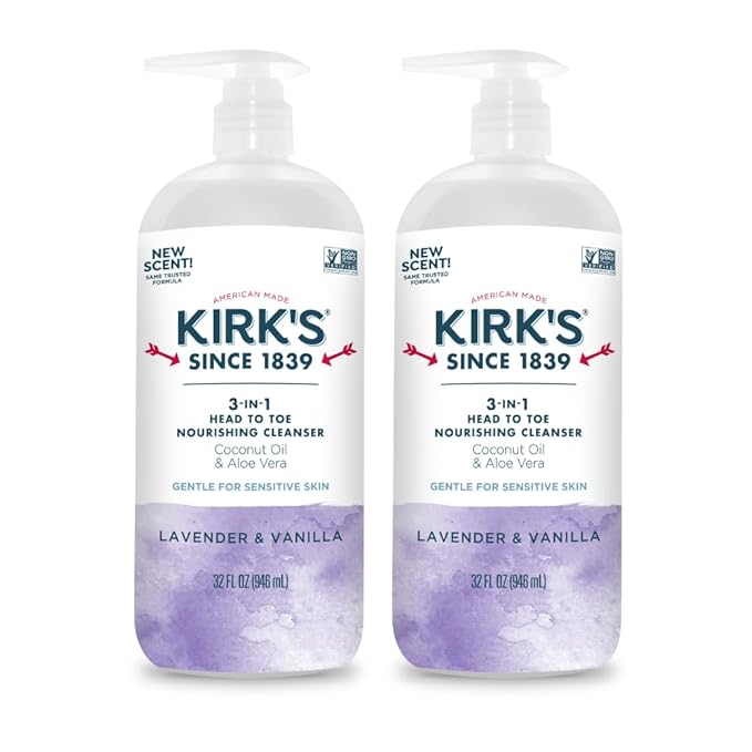 Kirk's 3-in-1 Head to Toe Nourishing Liquid Cleanser- for Men Women &amp Children - Premium Coconut Oil &amp Aloe Vera- Non GMO &amp Vegan - Lavender and Vanilla - 32 Fl Oz. - 2 Pack