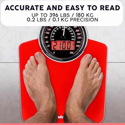 Adamson Hybrid 2-in-1 Analog &amp Digital Weighing Scale for Body Weight up to 400lbs - Thick Tempered Glass - Extra Large Display - Easy to Read Digital Bathroom Scale - New - Red