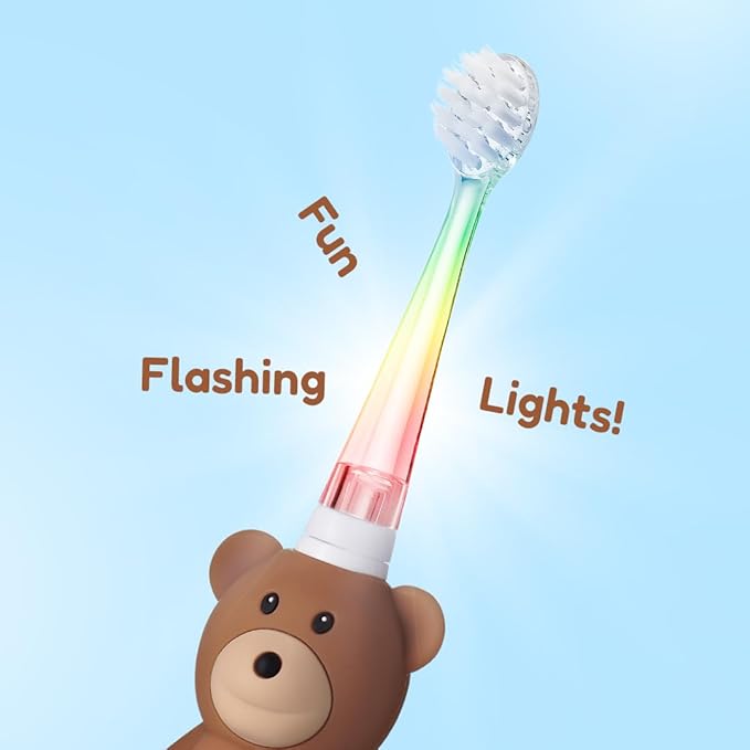 BrushBaby - WildOnes - Kids Rechargeable Electric Toothbrush Ages 0-10 - Bear Design with Flashing Lights - DeepClean Bristles for Superior Cleaning - 2 Replacement Brush Heads 1 USB Cable