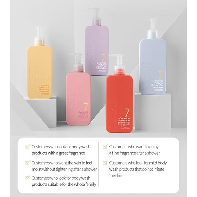 MASIL 7 Ceramide Perfume Shower Gel for Sensitive Skin Moisturizing Body Wash for Women Aroma Liquid Soap with 15 Natural Extracts Korean Skincare Bath &amp Home Spa (1 White Musk)
