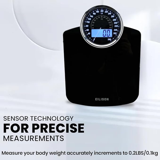EILISON Highly Advance 2-in-1 Digital &amp Analog Weighing Scale for Body Weight-400lbs 4 High Precison GX Sensor Accurate Thick Tempered Glass Extra Large Display (Black)