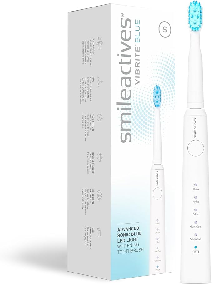 Smileactives Vibrite Sonic Power Electric Toothbrush Teeth Whitening &amp Gum Care Blue LED Light for Oral Health Rechargeable Toothbrush Multiple Brushing Modes for Deep Cleaning &amp Sensitive