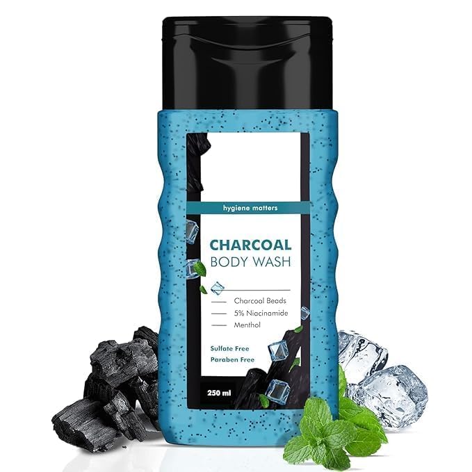 MZ 3 in 1 Action Charcoal &amp Menthol Body Wash | With Menthol 5% Niacinamide &amp Activated Charcoal Beads | (250ml)