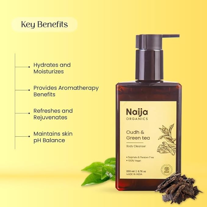 Naija Organics Deep Nourishing Body Wash | ECOCERT Certified organic Oudh &amp Green Tea Extracts shower Cleanser | Glycerin &amp Vitamin-E Hydrating bath Gel | 200ml