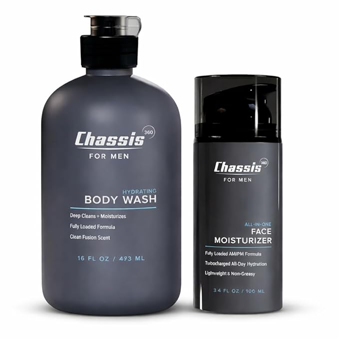 Chassis 360 Hydrating Men’s Body Wash &amp All-In-One Face Moisturizer Bundle – Triple Foam Body Cleanser + Vitamin C Niacinamide &amp Hyaluronic Acid Moisturizer