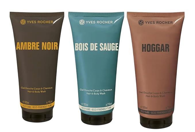 Yves Rocher Men's Hair &amp Body Wash Set – Ambre Noir Hoggar &amp Bois de Sauge Each – All-in-One Cleansing Invigorating Scents Long-Lasting Fragrance 200ml / 6.7 flOz