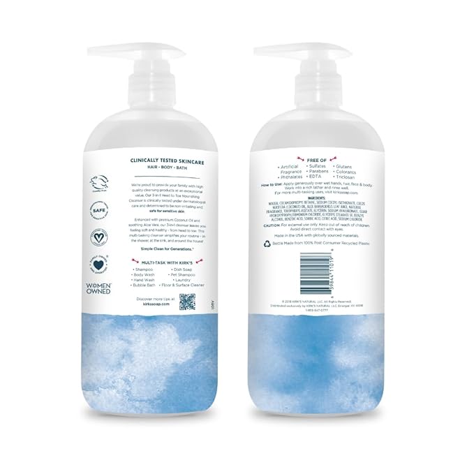 Kirk's 3-in-1 Head to Toe Nourishing Liquid Cleanser- for Men Women &amp Children - Premium Coconut Oil &amp Aloe Vera- Non GMO &amp Vegan -Original Fresh Scent - 32 Fl Oz