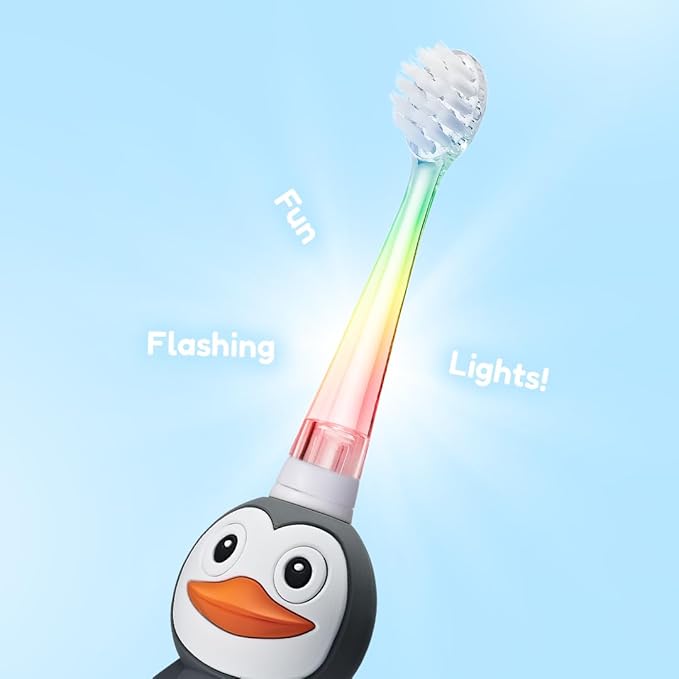 BrushBaby - WildOnes - Kids Rechargeable Electric Toothbrush Ages 0-10 - Penguin Design with Flashing Lights - DeepClean Bristles for Superior Cleaning - 2 Replacement Brush Heads 1 USB Cable