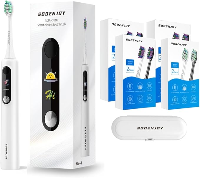 NB-1 LCD Screen Electirc Toothbrush5 Modes 5 intensities &amp DIY ModeRechargeable Sonic Electric Power Toothbrush for AdultWhite- 8 Brush Heads &amp Travel Case
