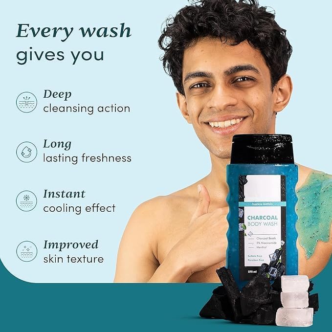MI 3 in 1 Action Charcoal &amp Menthol Body Wash | With Menthol 5% Niacinamide &amp Activated Charcoal Beads | 250ml