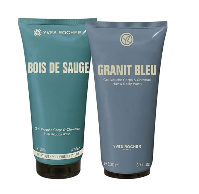 Yves Rocher Granit Bleu and Bois de Sauge Perfumed Body &amp Hair Gel for Men – Refreshing Woody Marine Scent Cleansing Shower Gel All-in-One Hair Daily Use Set of 2-200 ml / 6.7 fl oz