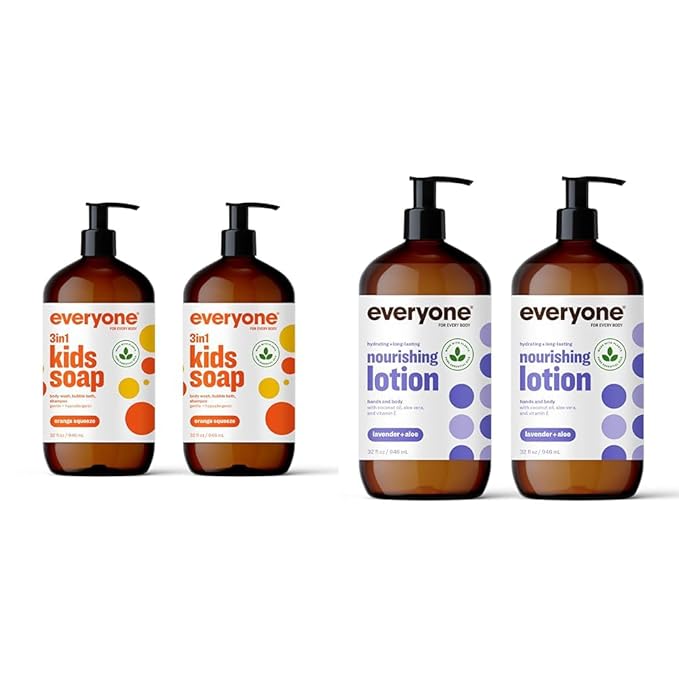 Everyone 3-in-1 Kids Soap Body Wash Bubble Bath Shampoo 32 Ounce (Pack of 2) Nourishing Hand and Body Lotion 32 Ounce (Pack of 2) Lavender and Aloe Plant-Based