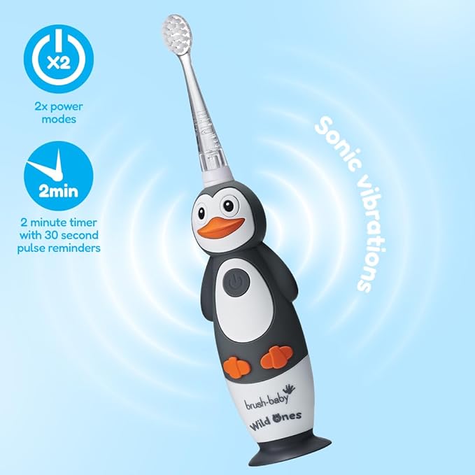 BrushBaby - WildOnes - Kids Rechargeable Electric Toothbrush Ages 0-10 - Penguin Design with Flashing Lights - DeepClean Bristles for Superior Cleaning - 2 Replacement Brush Heads 1 USB Cable