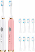 2 Pack Electric Toothbrush for Adults Travel Electric Toothbrush Includes 10 Replacement Brush Heads 5 Modes 2 Hours Charge for 45 Days (White &amp Pink)