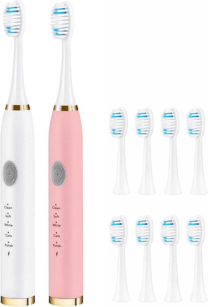 2 Pack Electric Toothbrush for Adults Travel Electric Toothbrush Includes 10 Replacement Brush Heads 5 Modes 2 Hours Charge for 45 Days (White &amp Pink)
