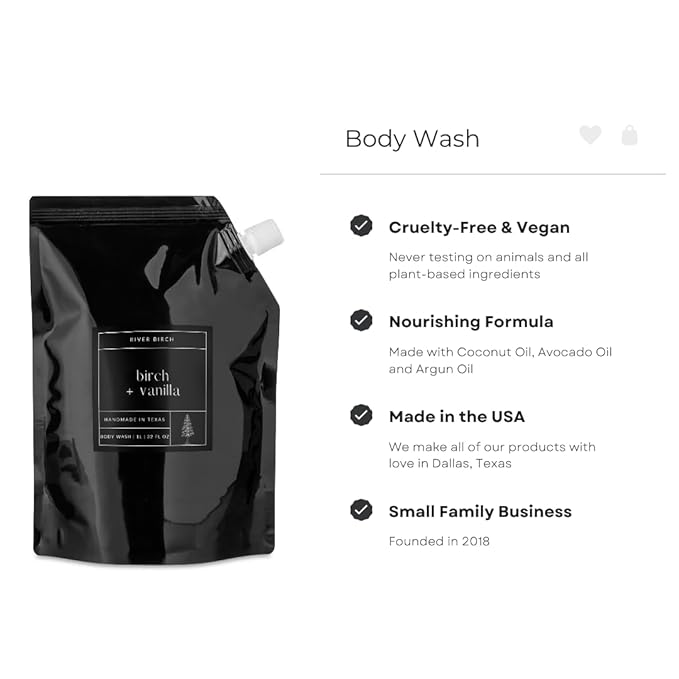 River Birch Birch + Vanilla Scented Natural Body Wash Refill - Handmade Moisturizing Body Wash Luxury Scented Hydrating Soap - Vegan and Non-Toxic - 32 Fl Oz