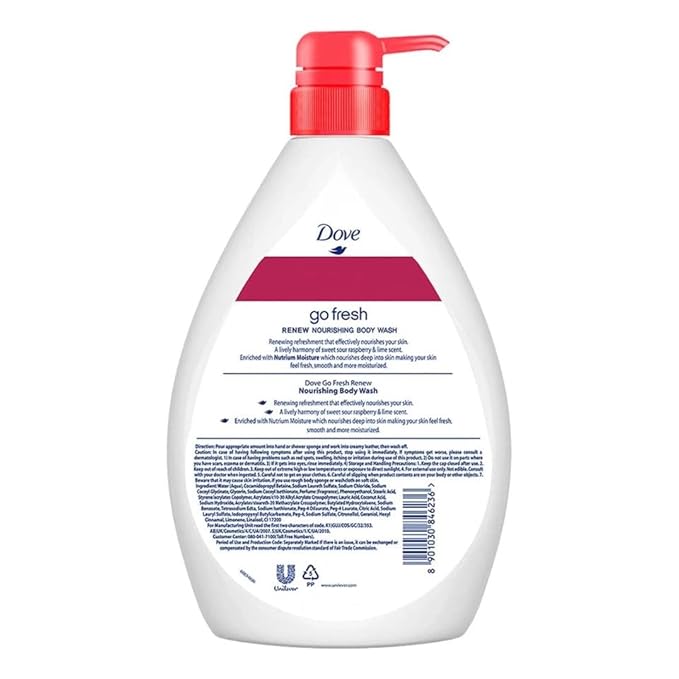 Dove Body Wash Nourishing Go Fresh Raspberry &amp Lime Scent 1000ml | Refreshing Shower Gel for Soft Smooth &amp Hydrated Skin | Fruity Scent Moisturizing Body Cleanser for Daily Skincare Routine |