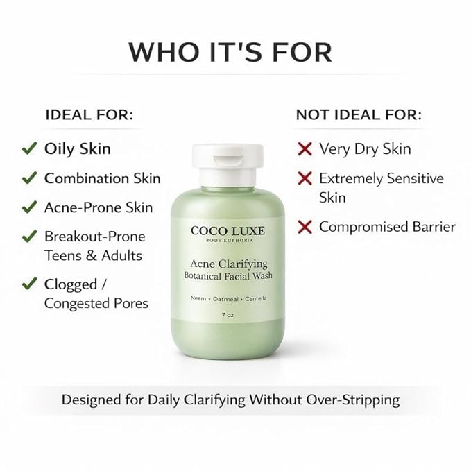 COCO LUXE Body Euphoria Acne Clarifying Botanical Facial Wash with Neem Oatmeal &amp Centella 7 oz for Clear Healthy Skin