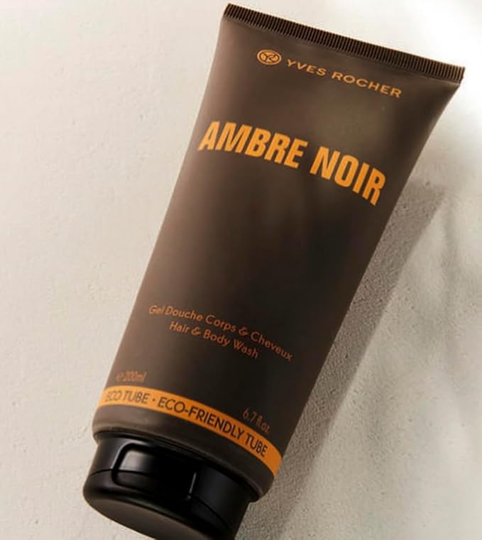 Yves Rocher Hair &amp Body Wash for Men Ambre Noir – Set of 2 Tubes Intense Dark Woods &amp Sensual Amber Fragrance Masculine Shower Gel 200 ml/6.7 fl.oz