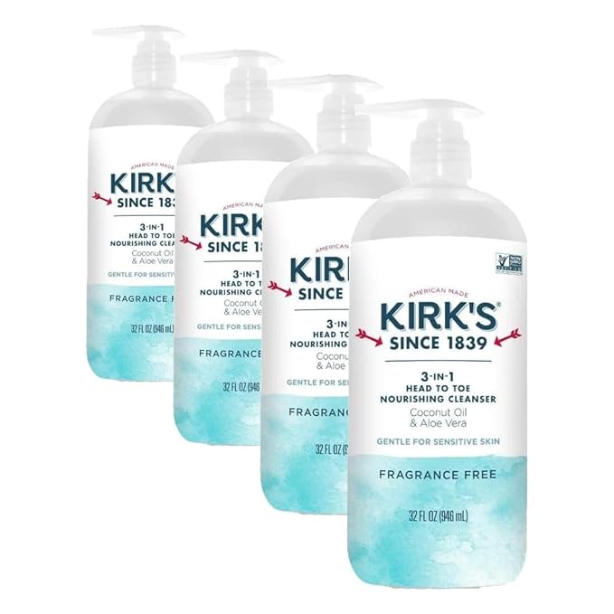 Kirk's 3-in-1 Castile Liquid Soap Fragrance Free Soap | Head-to-Toe Clean Shampoo Face Soap &amp Body Wash for Men Women &amp Children | 32 Fl Oz. (Pack of 4)