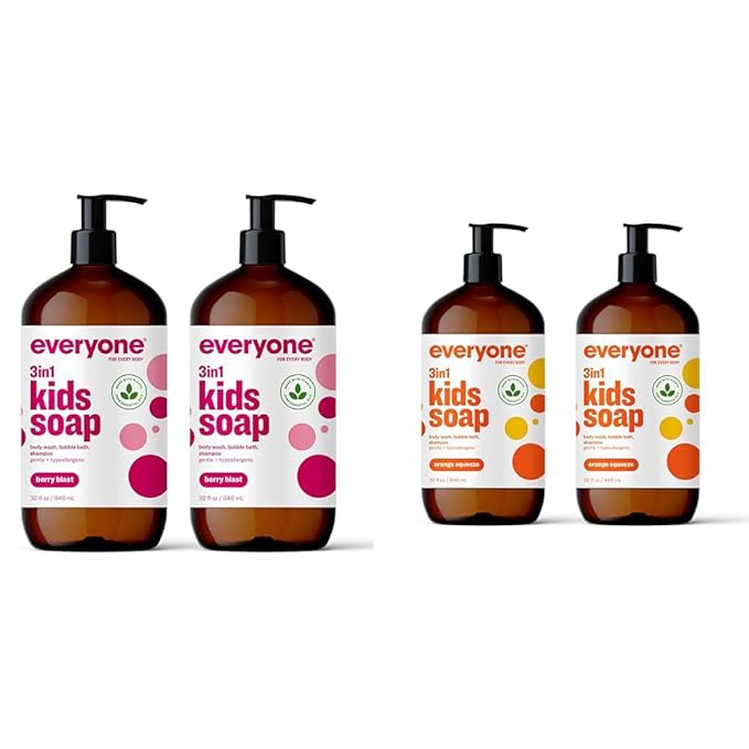 Everyone 3-in-1 Kids Soap Body Wash Bubble Bath &amp Shampoo Bundle (2 Packs 32oz Berry Blast &amp Orange Squeeze Scents)