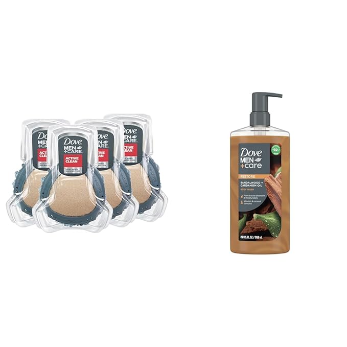 DOVE MEN + CARE Shower Tool For Stronger Healthy-Feeling Skin Active Clean Scrubs and Exfoliates Body Wash Sandalwood + Cardamom Oil to Rebuild Skin in the Shower