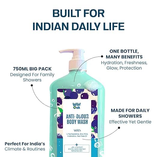 Wild-Oak Anti-Odor Body Wash | Advanced Odor Defense with Chlorhexidine Salicylic Acid &amp Zinc PCA | Cooling Peppermint Menthol | Probiotics - Refreshes Skin &amp Balances Microbiome | 750ml