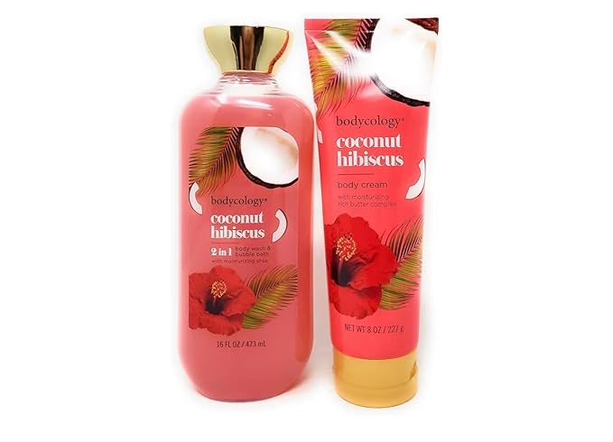 Coconut Hibiscus 2 in 1 Body Wash &amp Bubble Bath 16 fl oz &amp Coconut Hibiscus Butter Body Cream 8 oz (Pack of 2)