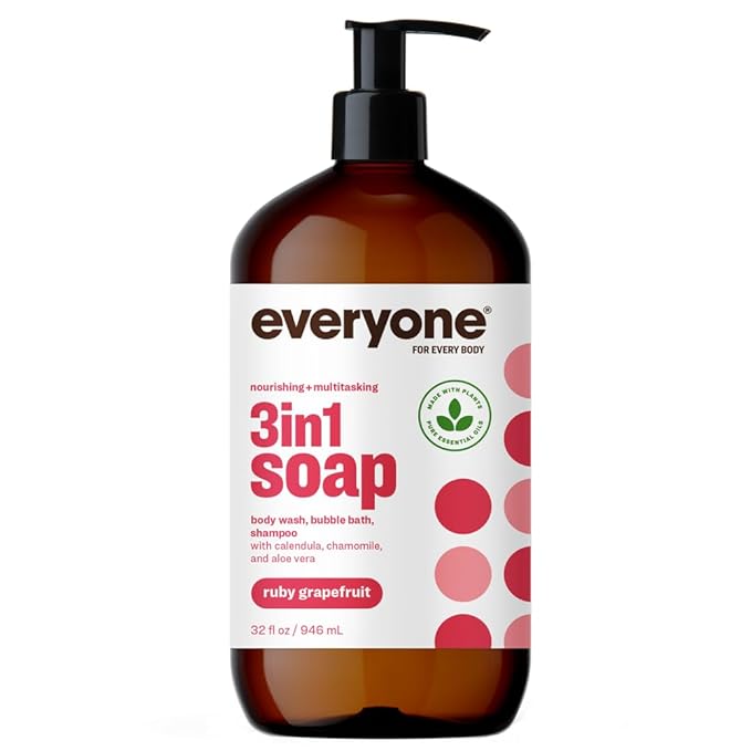 Everyone 3-in-1 Soap Body Wash Bubble Bath Shampoo 32 Ounce (Pack of 2) Ruby Grapefruit made with Essential Oils for Men and Women