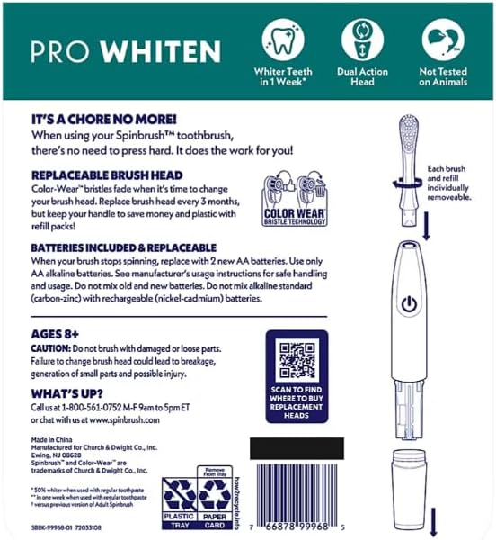 Spinbrush Pro Whiten Battery Powered Electric Toothbrush Bundle (2) Toothbrushes + (4) Replacement Heads Whiter Teeth in 1 Week Dual Action Whitening Cup &amp Soft Bristles ADA Accepted Family P