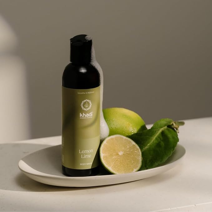 KHADI LEMON LIME BODYWASH – Ayurvedic Shower Gel – 100% Natural – Intensely Cleanses &amp Cares – Revitalizing Lime Lemon &amp Bergamot – 200ml
