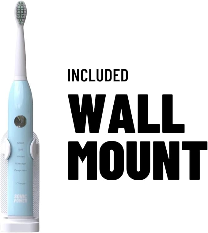 Electric Toothbrush Kit Ultra Portable &amp Lightweight with 5 Cleaning Modes 1 Year Supply of Brush Heads Rechargeable Battery Mirror Mount &amp Travel Cap Included (Blue)