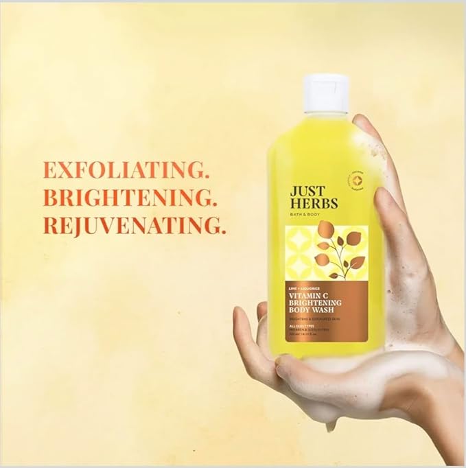 Just Herbs Vitamin C Brightening Body Wash with Lime and Liquorice for Men &amp Women | Hydrates Skin Reduces Hyperpigmentation &amp Maintains pH Level | Suits All Skin Types- 300 ml