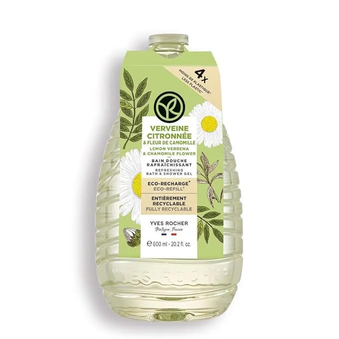 Yves Rocher Verbena &amp Chamomile Bath and Shower Gel Refill Bottle Gentle Cleansing Body Wash for All Skin Types Refreshing Botanical Formula – 600 ml / 20.2 fl.oz