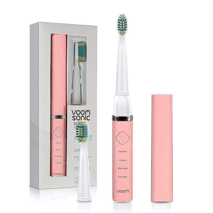 Voom Sonic Pro 3 Rechargeable Electric Battery Powered Toothbrush With Soft Dupont Nylon Bristle Dentist Recommended Portable Oral Care 2-Minute Timer 3 Adjustable Speeds Lightweight Design Pink